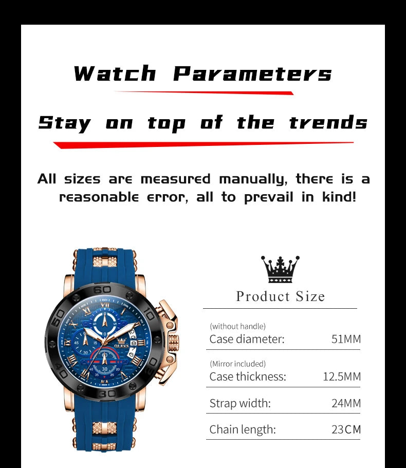 OLEVS 9986 Men Watch Silicone Strap Sports Multi functional Waterproof Luminous Timing Code Watch Luxury Brand Men Quartz Watch