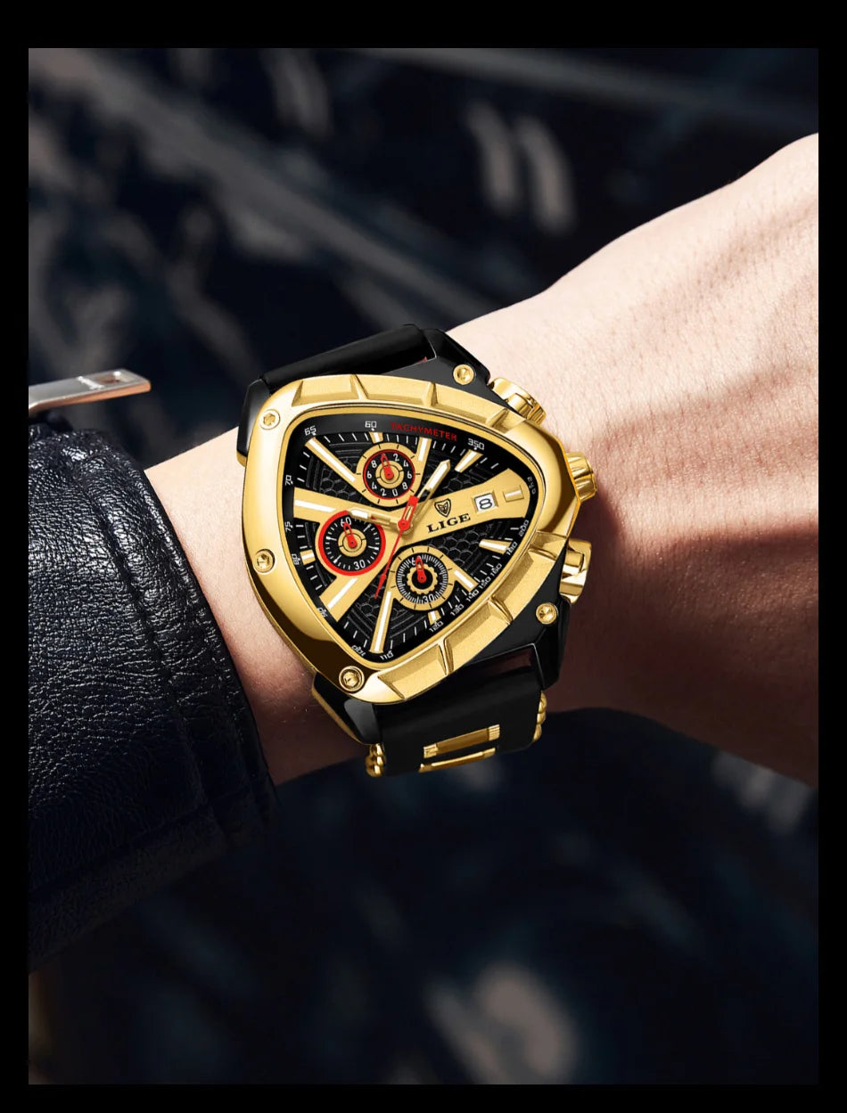 LIGE Fashion Men Watch Triangle Chronograph Military Wristwatch Sport Army Mens Watches Luxury Waterproof Quartz Clock Man Reloj