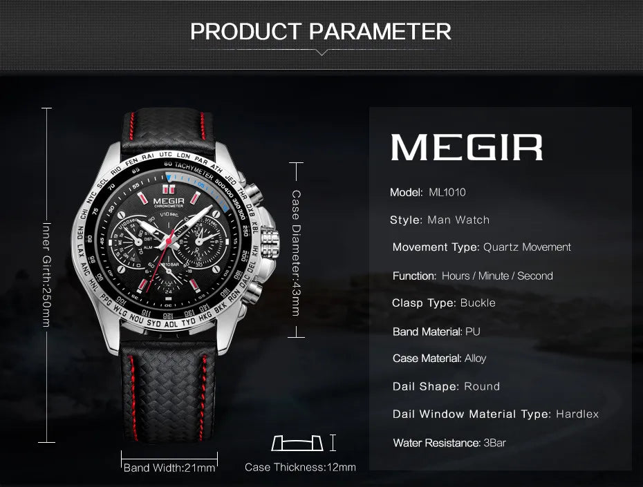MEGIR 1010 Hot Men's Watch Original Luxury Fashion Brand Sport Clock Leather Strap Business Quartz Wrist Watches for Men Casual