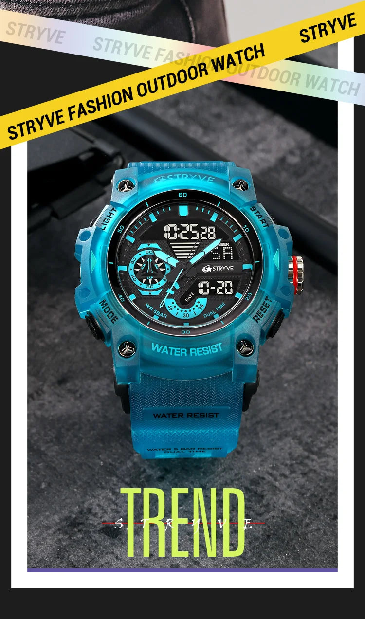 STRYVE Electronic Fashion Men's Sport Watches Shock Resistant 50M Waterproof Wristwatch LED Alarm Stopwatch Clock Men 8029
