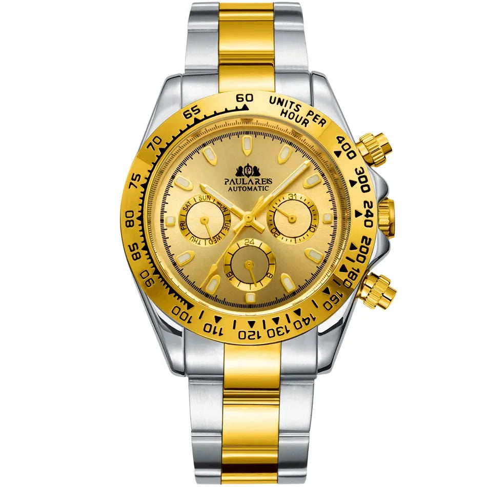 Automatic Watches Self Wind Mechanical Gold Stainless Steel Glacier Ice Blue Dial Chestnut Brown Bezel Luminous Men Watch