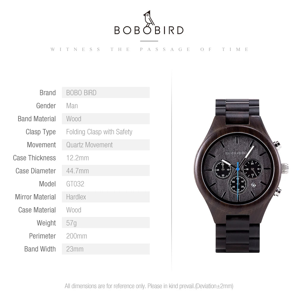 BOBO BIRD Men's Watch 3 Sub Dials Wooden Wrist Watch for Men Casual Quartz Watches Customized Dropshipping