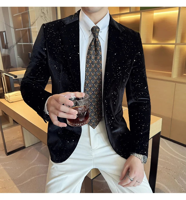 2024 Autumn New Velvet Jacket Men's Blazer Business Fashion Hot Stamping Printed Suit Jacket High-quality Luxury Dress Suit