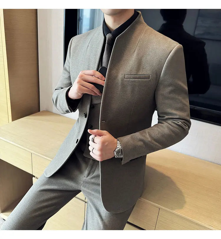 Korean Style Men's Suit Set Slim Fit Business Suit Wool Blazer Three Piece Set Elegant Social Formal Men's Clothing 5XL-M