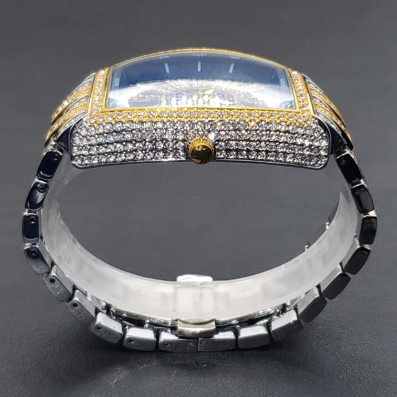 Classic 55mm Black Dial Wristwatch Men Famous Brand Diamond Silver Quartz Watch Original Ice Out Shiny Waterproof Clock 2023 New