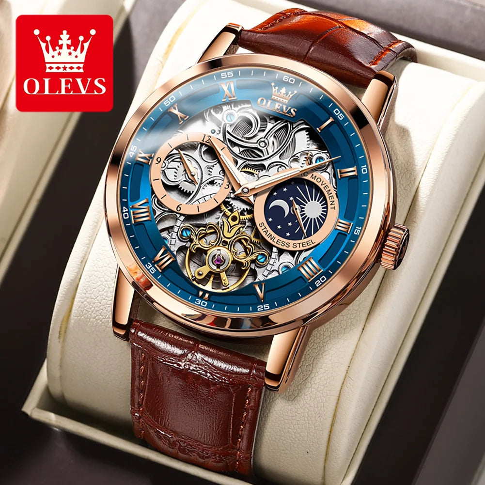 OLEVS Mens Watches Top Brand Luxury Moon Phase Tourbillon Mechanical Watch for Men Automatic Skeleton Watch Relogio Masculino