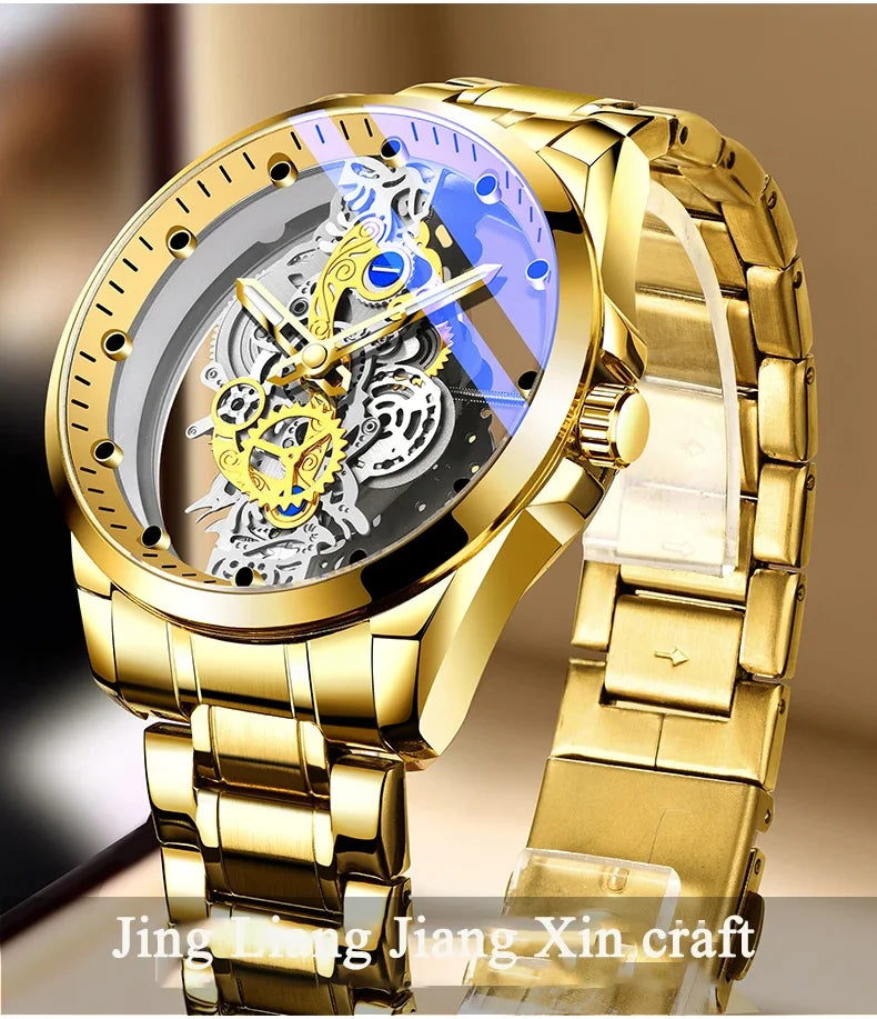 2024 New Men Watch Skeleton Quartz Wristwatch Gold Skeleton Retro Man Watch Top Brand Luxury Clock Mens Watches Reloj Hombre
