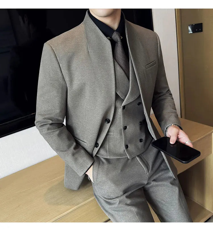 Korean Style Men's Suit Set Slim Fit Business Suit Wool Blazer Three Piece Set Elegant Social Formal Men's Clothing 5XL-M
