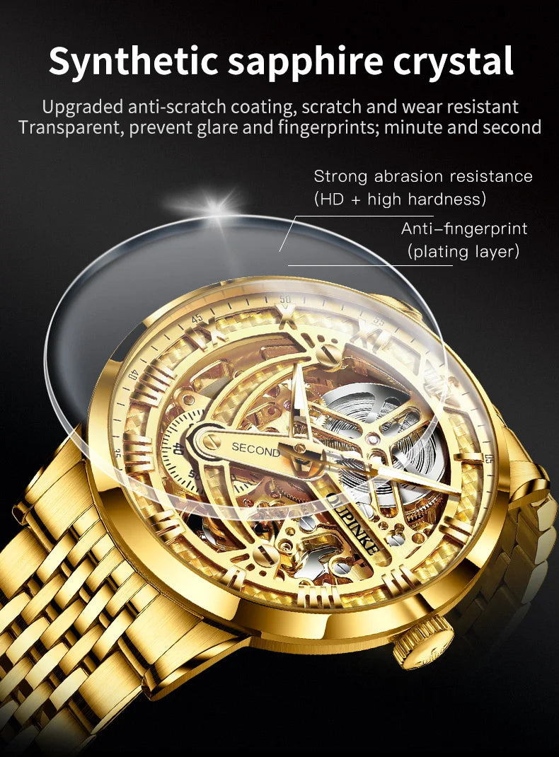 OUPINKE 3173 Luxury Gold Mechanical Watch For Men Hollow Top Brand Original Automatic Wristwatch 50M Waterproof Luminous Watches