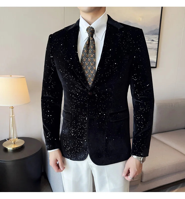 2024 Autumn New Velvet Jacket Men's Blazer Business Fashion Hot Stamping Printed Suit Jacket High-quality Luxury Dress Suit