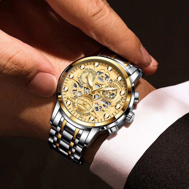 Men's Business Watch Skeleton Design Fashion Mechanical Style Stainless Steel Quartz Movement Calendar Waterproof Men WristWatch
