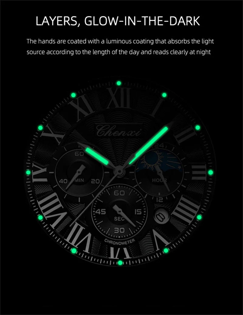 CHENXI 973 Men's Wristwatch Multi-functional Business Watch Moon Phase Date Waterproof Rome Dial Leather Quartz Watches for Man