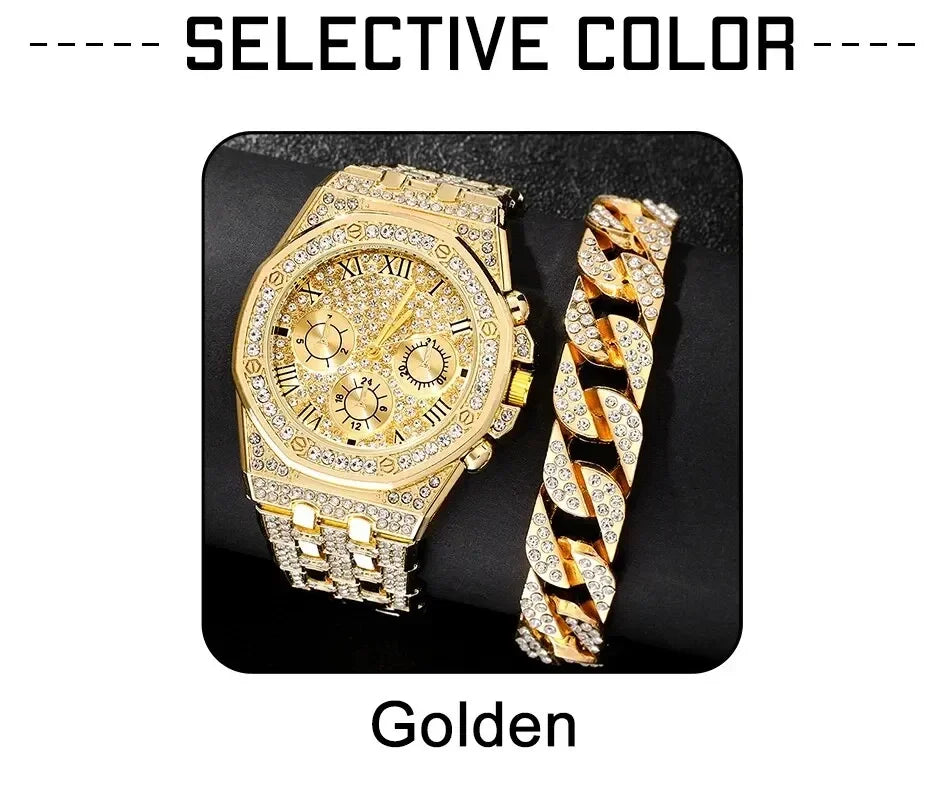 Luxury Men Watch Stainless Stee Band Golden Watches for Men Fashion Hip Hop Watch Diamond Big Dial Business Quartz Wristwatches