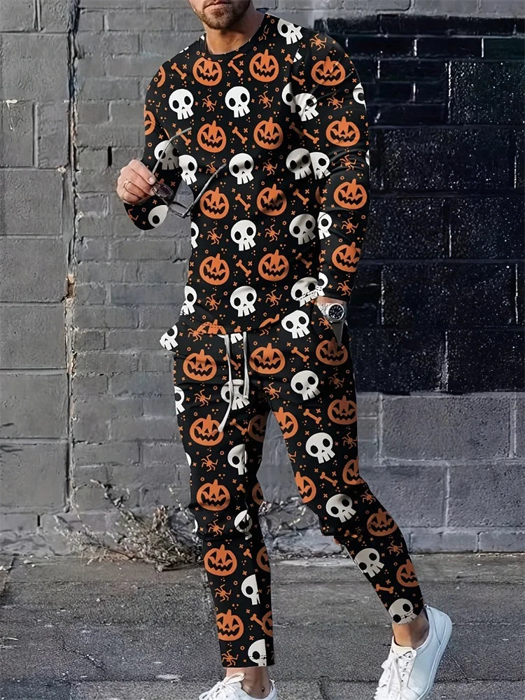 2024 New 3D Skull Print Men's Long Sleeve T-shirt And Pants Autumn Everyday Casual Men's Fashion Halloween Suit Two-piece