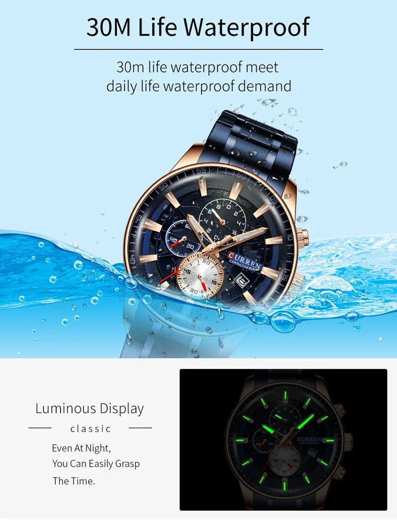 CURREN Man WristWatch Waterproof Chronograph Men Watch Military Top Brand Luxury Gold Stainless Steel Sport Date Male Clock 8362