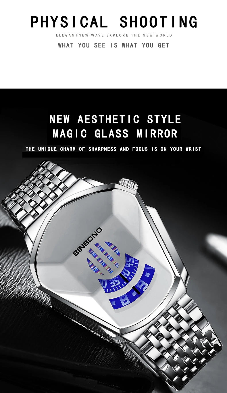 BINBOND Men Popular Fashion Motorcycle Concept Quartz Watch Luminous Steel Band Mesh Watch Touch Screen black technology watch