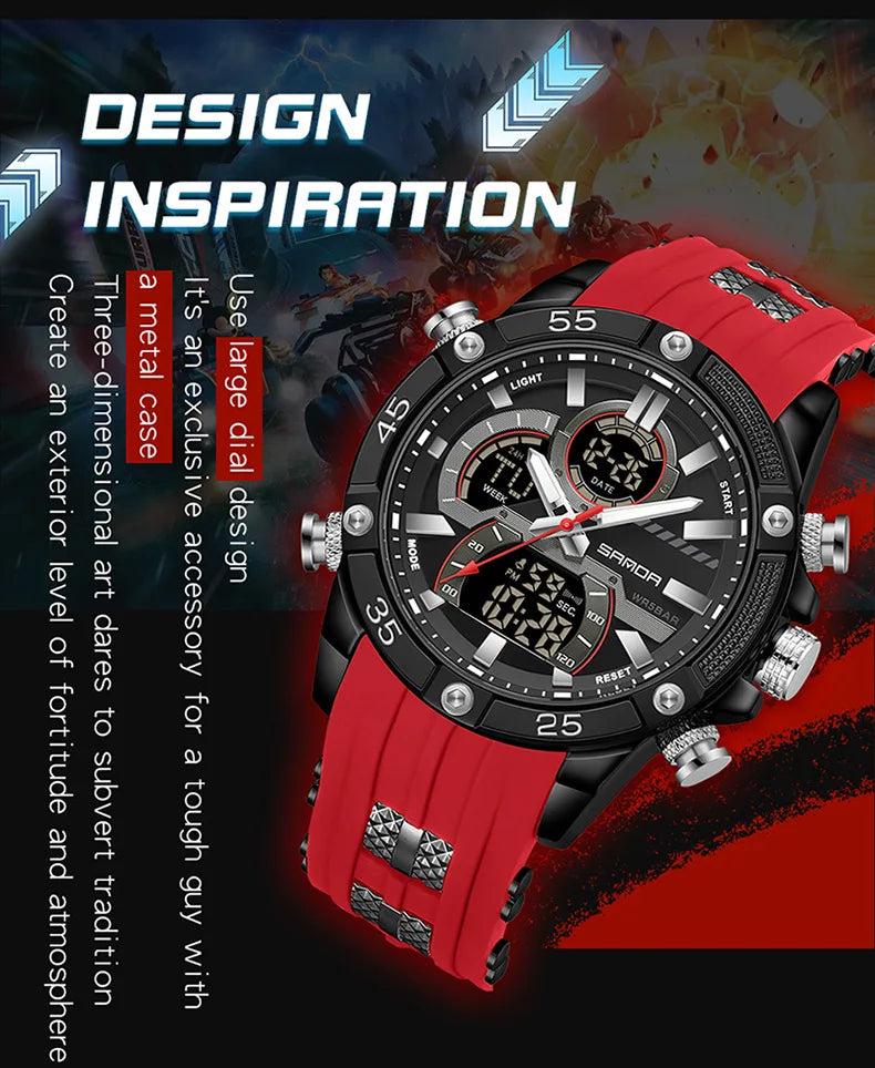 SANDA 6162 Men's Electronic Watch Creative Sports Waterproof Luminous Chronograph Pointer Digital Dual Display Wristwatches
