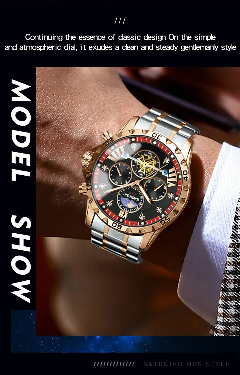 BINBOND Men's Watches Young Fashion Original Quartz Watch for Man Waterproof Luminous Flywheel Chronograph Moon Phase Casual