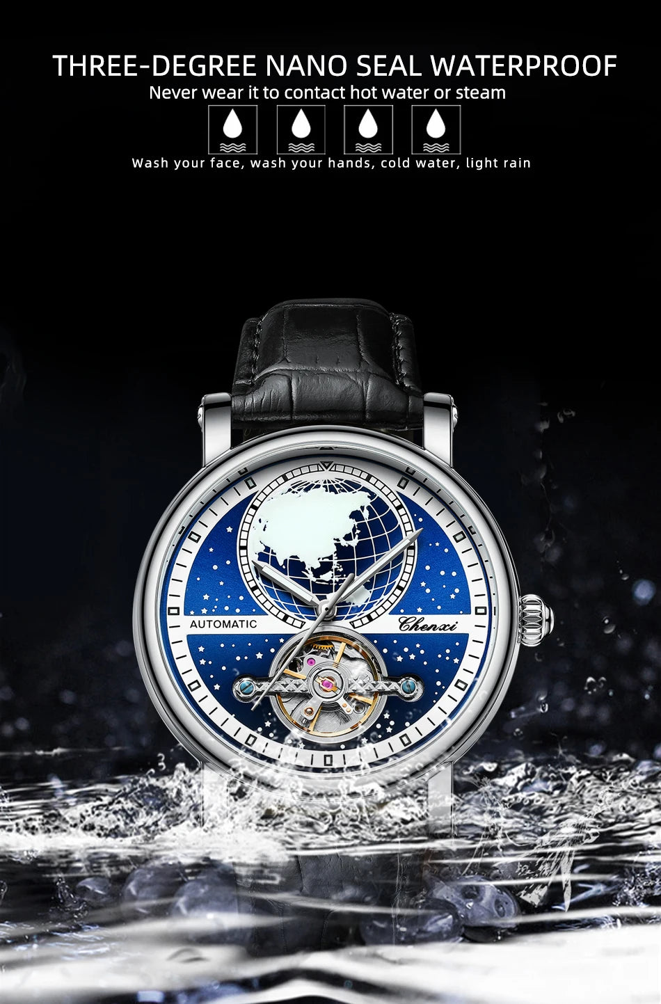 CHENXI Tourbillon Mens Watch Automatic Mechanical 8871 Classic Map Dial Waterproof Luminous Leather Watches for Men Reloj Hombre
