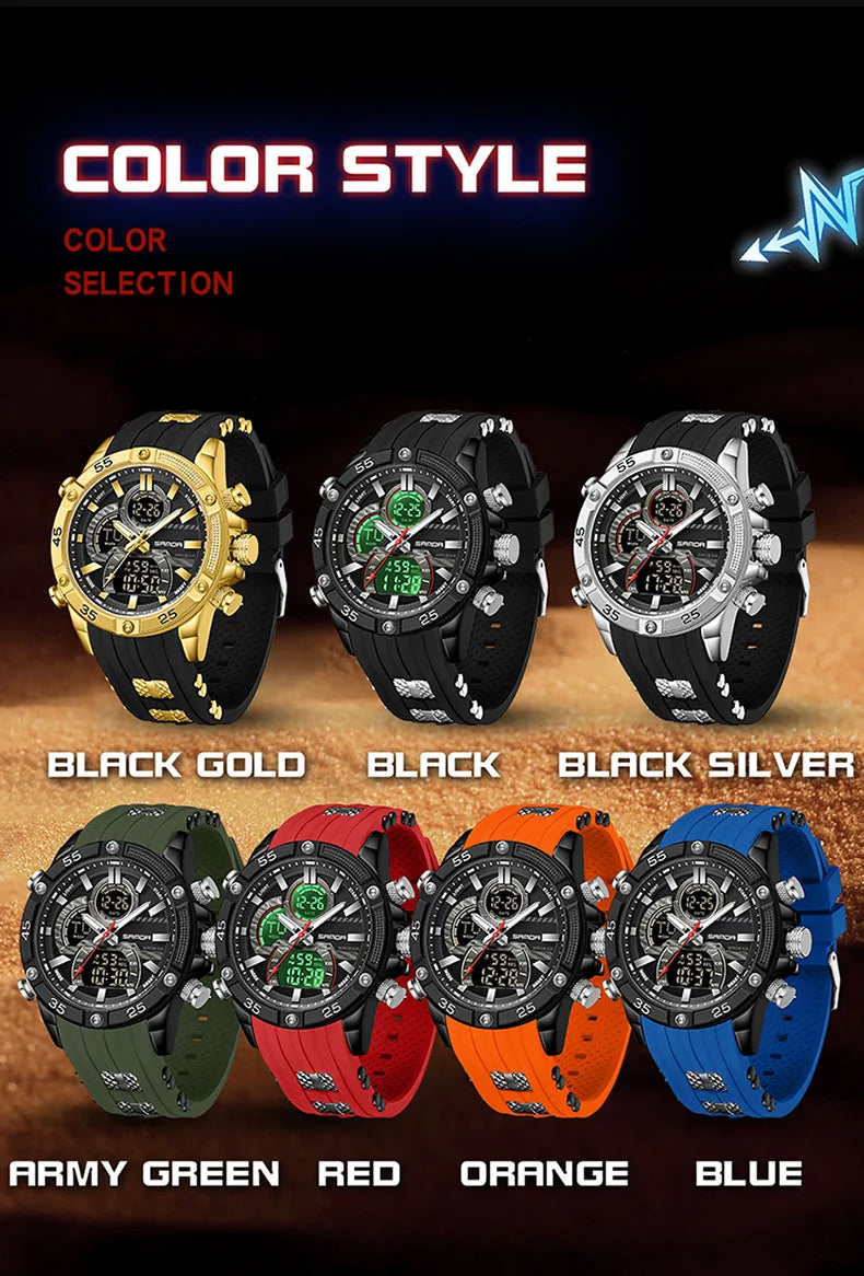 SANDA 6162 Men's Electronic Watch Creative Sports Waterproof Luminous Chronograph Pointer Digital Dual Display Wristwatches