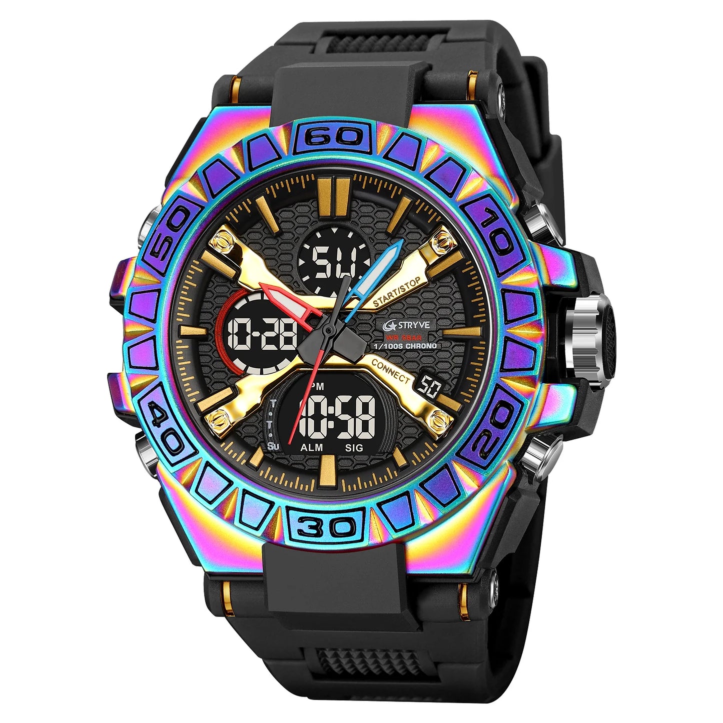 STRYVE Men's Watches 50M Waterproof Clock Alarm Reloj Hombre 8026 Dual Display Wristwatch Quartz Digital Clock Men