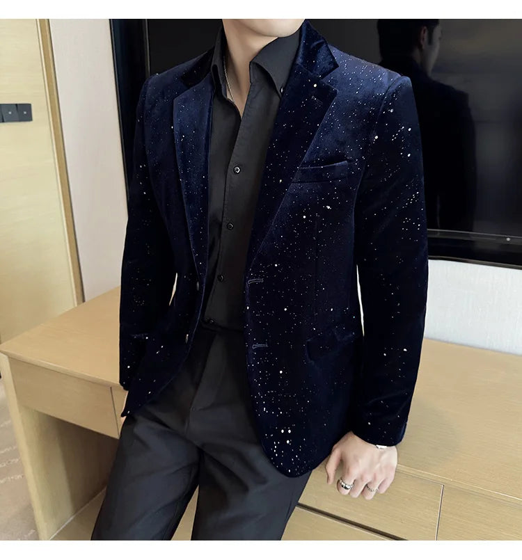2024 Autumn New Velvet Jacket Men's Blazer Business Fashion Hot Stamping Printed Suit Jacket High-quality Luxury Dress Suit