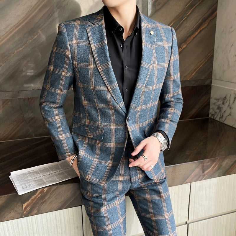 Blazers Pants Set 2 Pieces Set, 2024 Men's Business Casual Men Plaid Suit Jacket and Trousers, Asian Size M-5XL