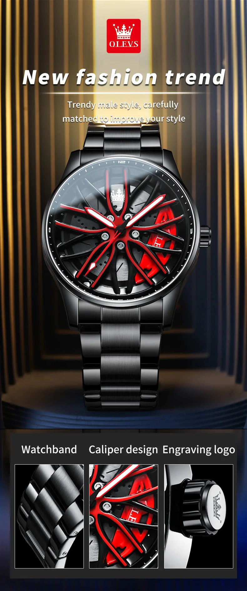 OLEVS Men Quartz Watch Car Wheel Rim Hub Dial Male Wristwatch Cool Man Black Red Waterproof Watches Full Steel Relogio Masculino