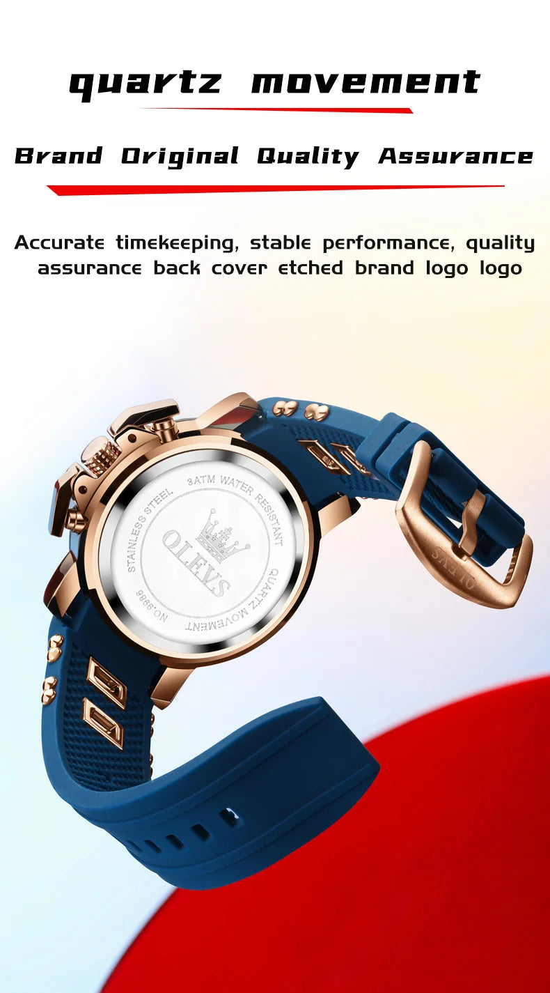 OLEVS 9986 Men Watch Silicone Strap Sports Multi functional Waterproof Luminous Timing Code Watch Luxury Brand Men Quartz Watch