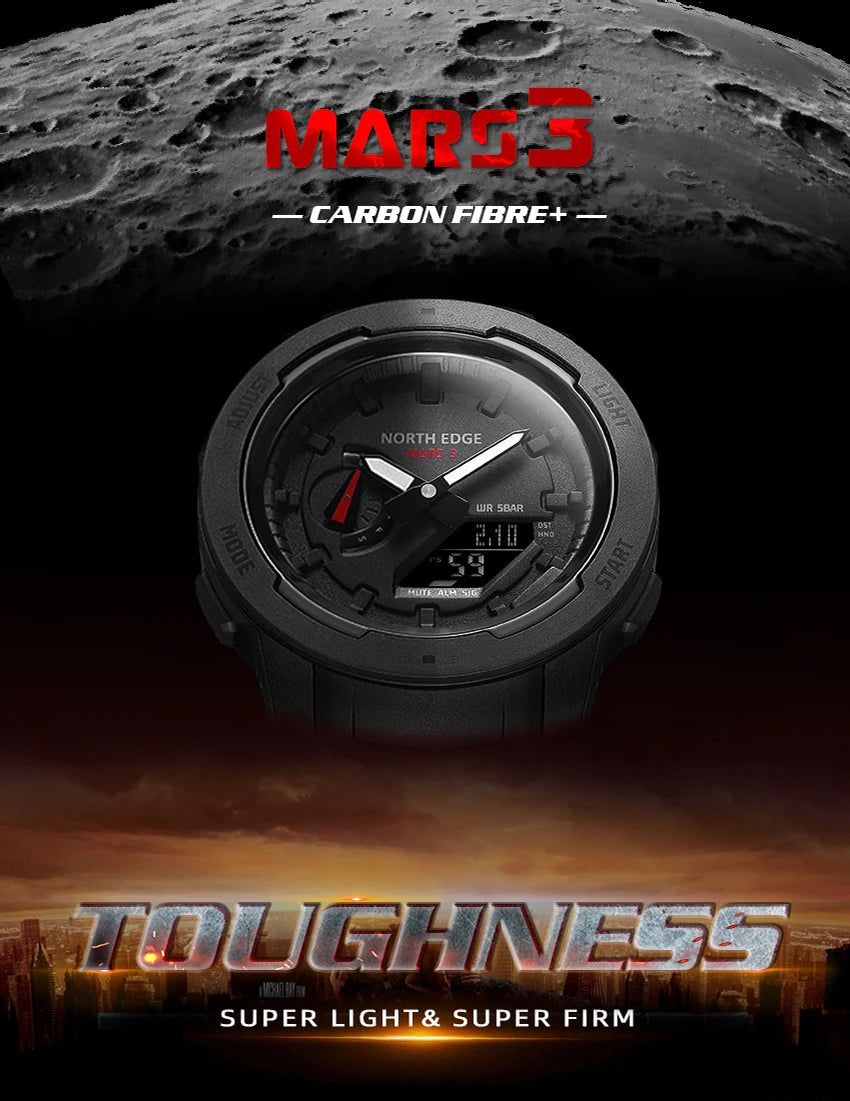 NORTH EDGE Mars 3 Men's Military Watch Digital Carbon Fiber Case For Man Waterproof 50M Sports Watches World Time LED Wristwatch