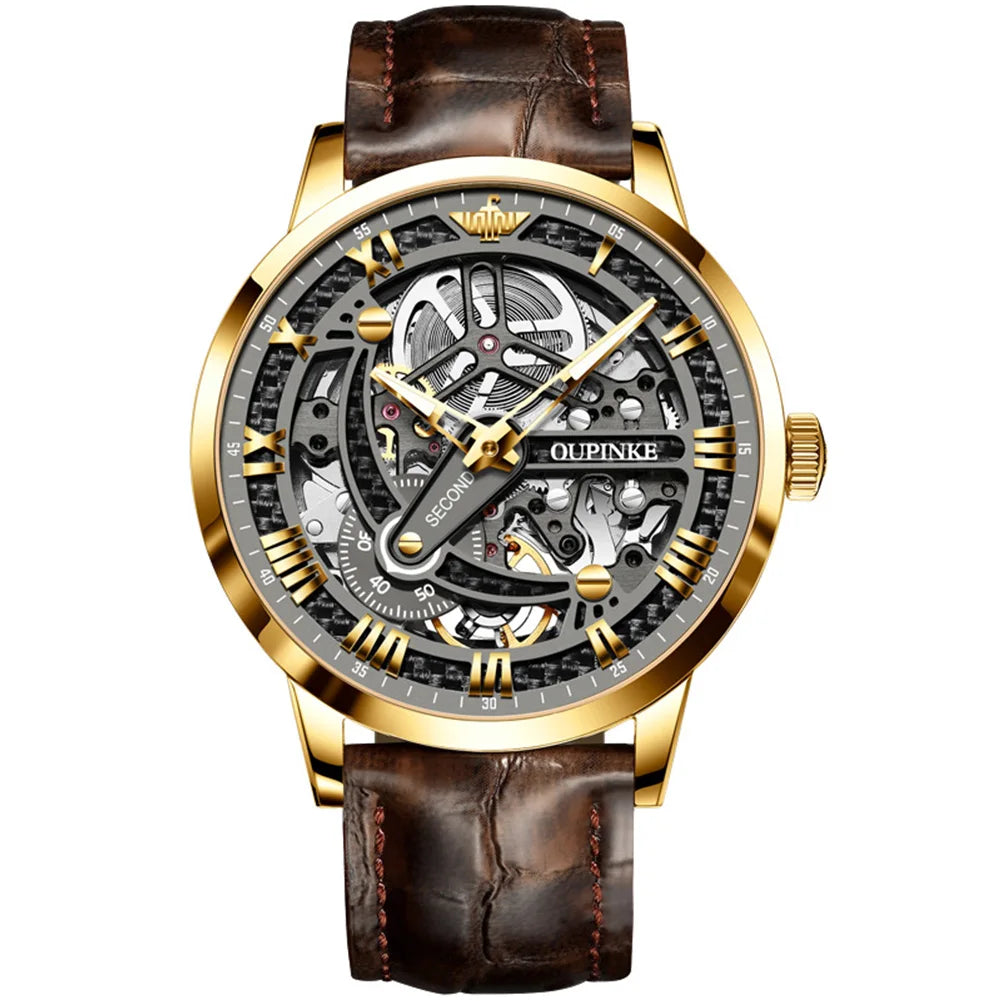 OUPINKE 3173 Luxury Gold Mechanical Watch For Men Hollow Top Brand Original Automatic Wristwatch 50M Waterproof Luminous Watches