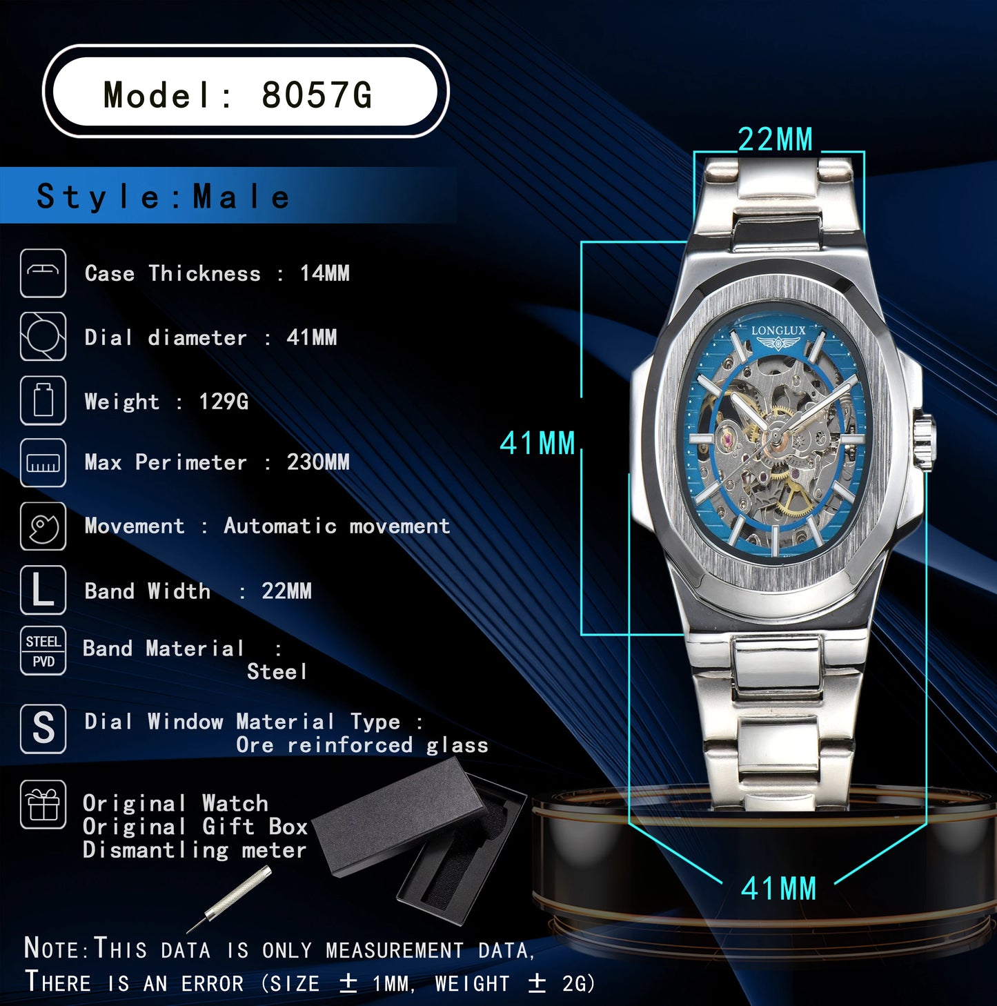 LONGLUX automatic man watch luxury wholesale mechanical wristwatches stainless steel skeleton waterproof mens watch men gift