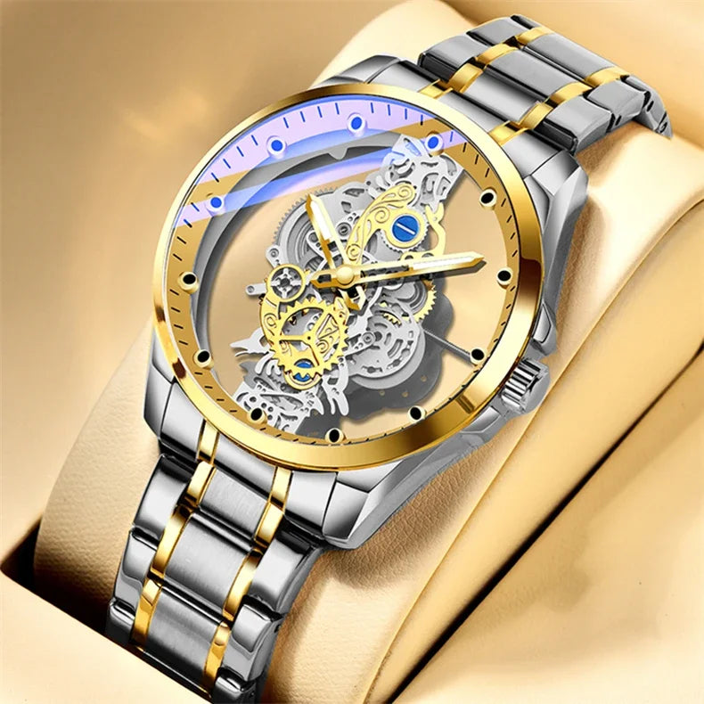 2024 New Men Watch Skeleton Quartz Wristwatch Gold Skeleton Retro Man Watch Top Brand Luxury Clock Mens Watches Reloj Hombre