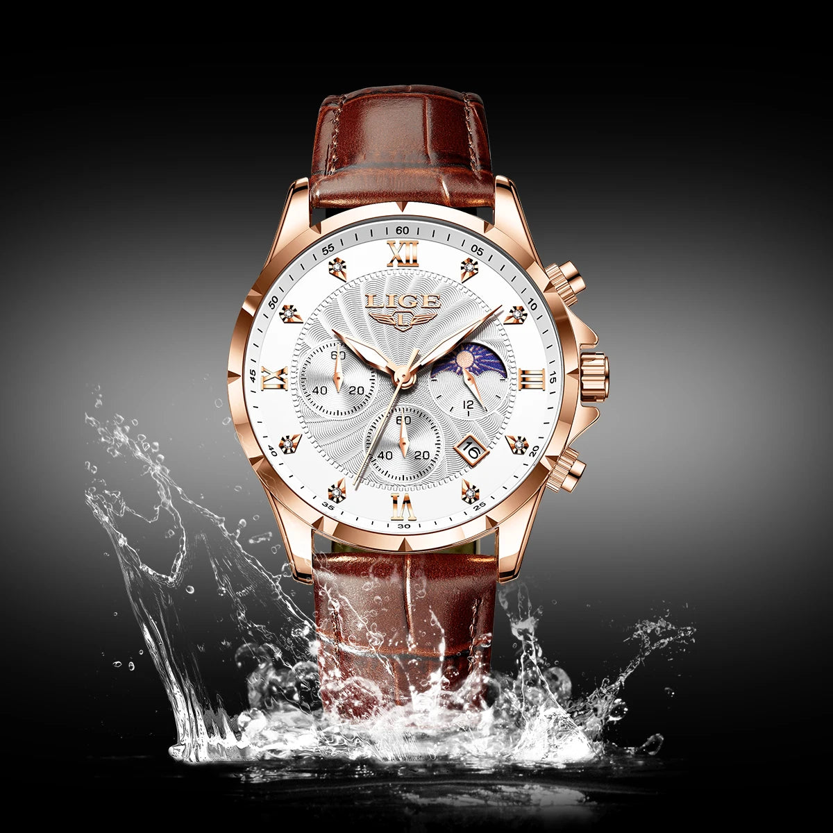 LIGE Men's Watch Luxury Business Luminous Waterproof Leather Watches Moon Phase Week Date Casual Quartz Watch Men Reloj hombre