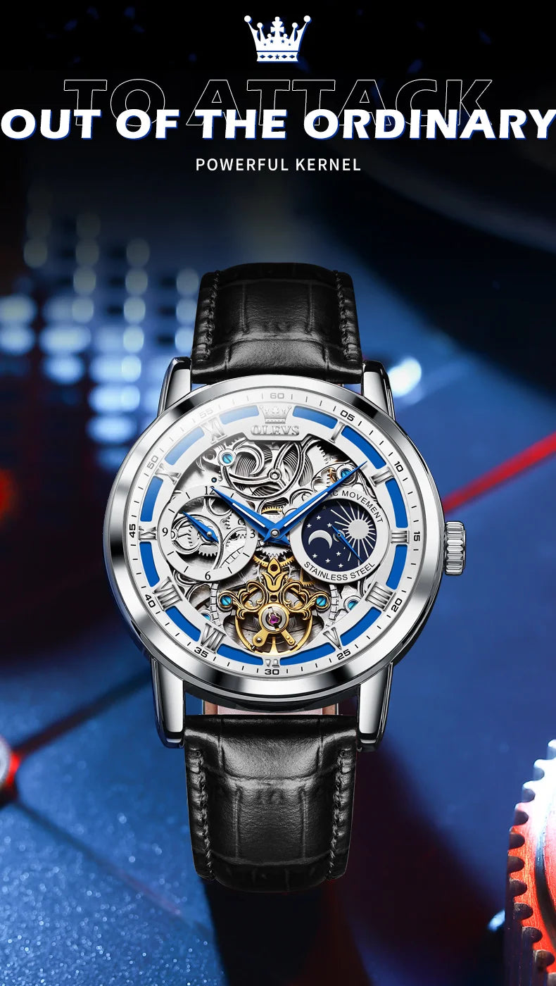 OLEVS Mens Watches Top Brand Luxury Moon Phase Tourbillon Mechanical Watch for Men Automatic Skeleton Watch Relogio Masculino