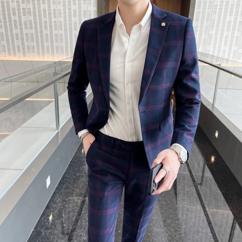 Blazers Pants Set 2 Pieces Set, 2024 Men's Business Casual Men Plaid Suit Jacket and Trousers, Asian Size M-5XL