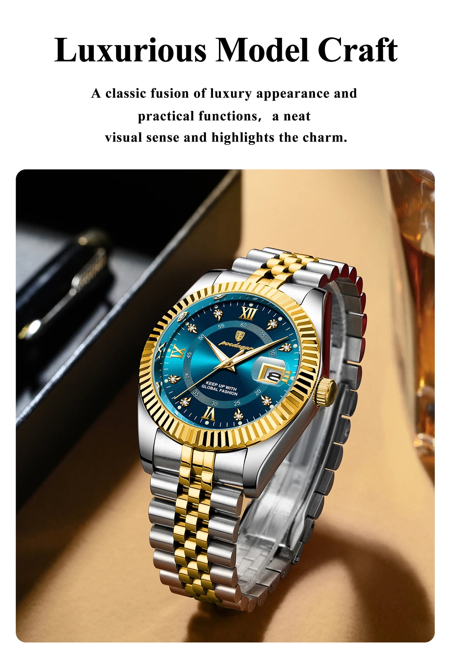 POEDAGAR Classic Men's Watches Luxury Fashion Threaded Bezel Watch for Man Luminous Date Waterproof Original Quartz Wristwatch