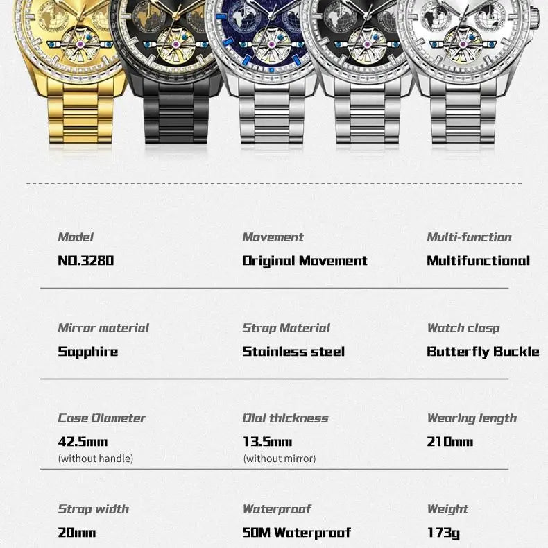 OUPINKE 3280 Mechanical Watch for Men Luxury Full Diamond Flywheel Skeleton Gold Stainless steel Date Automatic Men's Watch