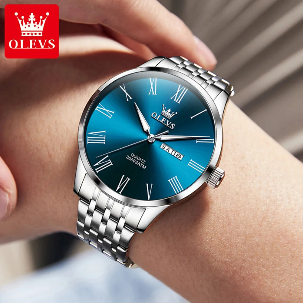OLEVS 3633 Men's Watch Business Simply Original Quartz Watch for Man Waterproof Luminous Stainless Steel Dual Calendar Display