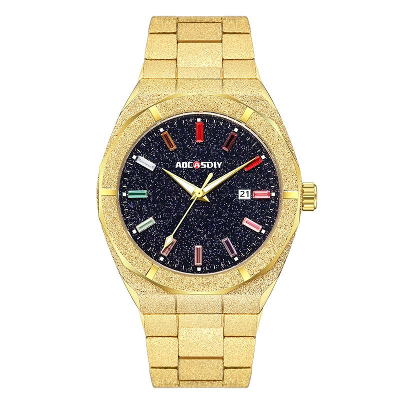 Matte Star Dust Dial Full silver Stainless Steel Strap High Quality Date Clock Frosted Diamond Quartz Watch for Men 2024