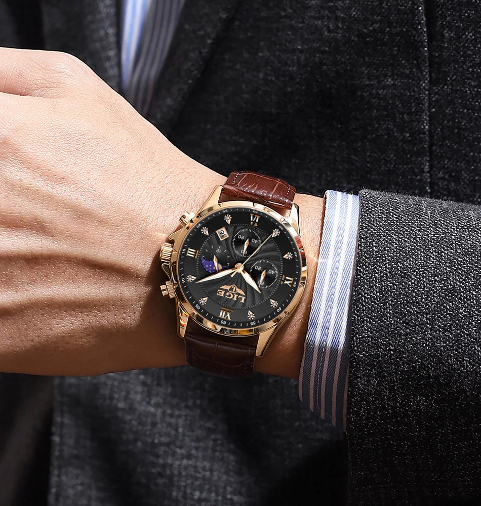 New Mens Watches LIGE Top Brand Luxury Leather Casual Quartz Watch Men's Sport Waterproof Clock Watch Relogios Masculino+Box