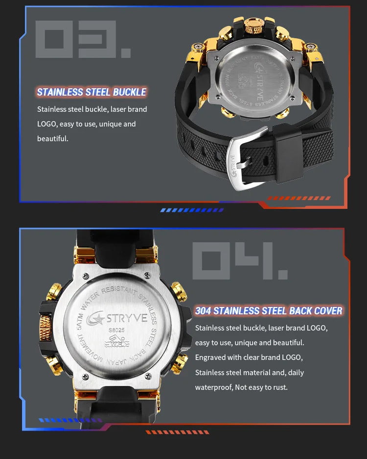 New STRYVE Watch for Men's High Quality Digital-Analog Dual Movement 5ATM Waterproof Watches Fashion Sports Men's Watch 8025