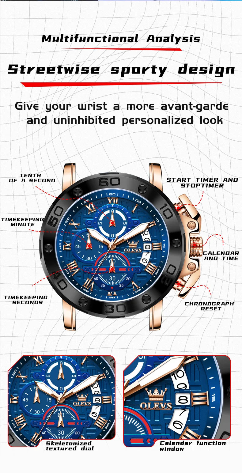 OLEVS 9986 Men Watch Silicone Strap Sports Multi functional Waterproof Luminous Timing Code Watch Luxury Brand Men Quartz Watch
