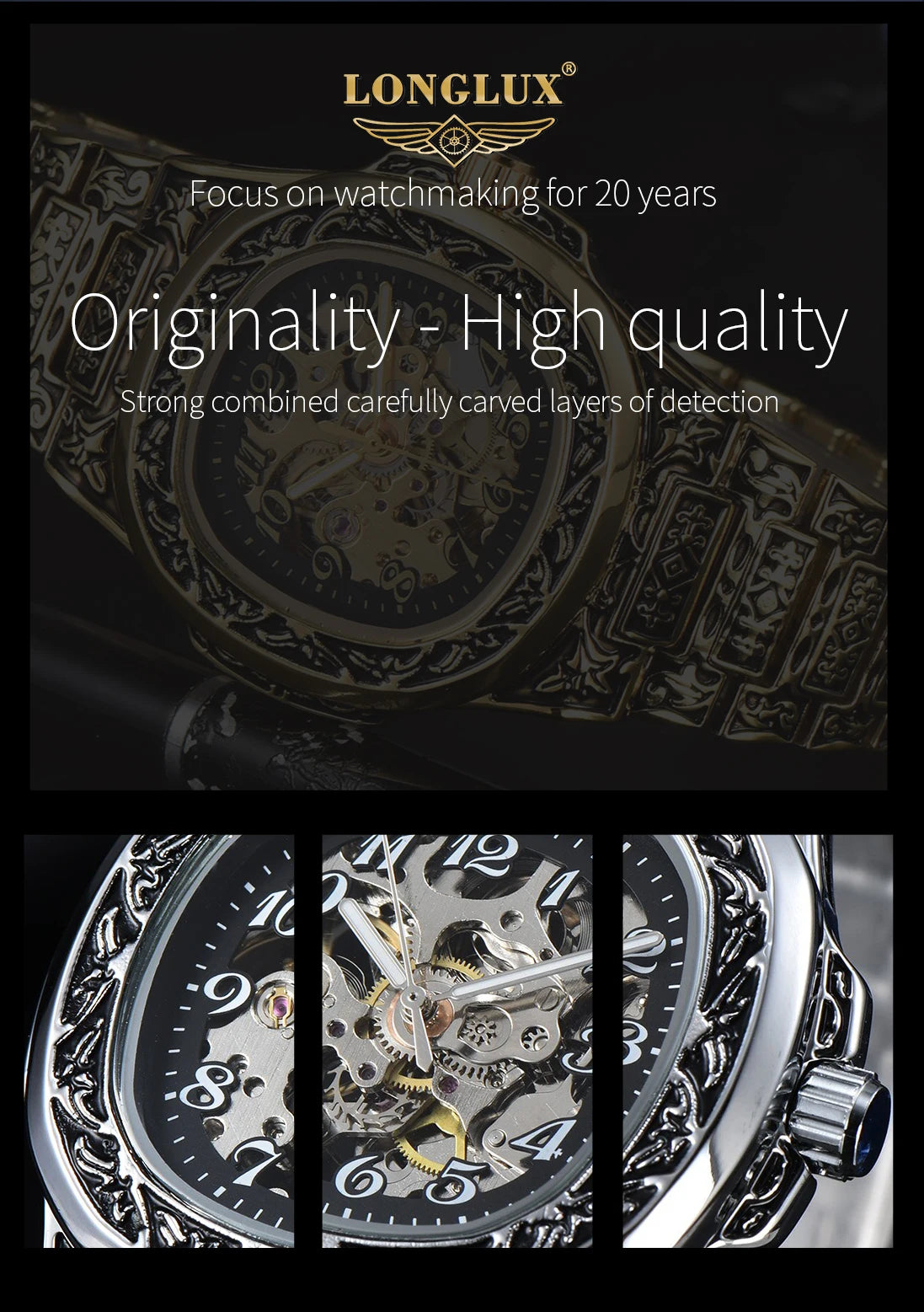 LONGLUX automatic watch for man retro mechanical wristwatches luxury alloyl waterproof skeleton mens watch men gift