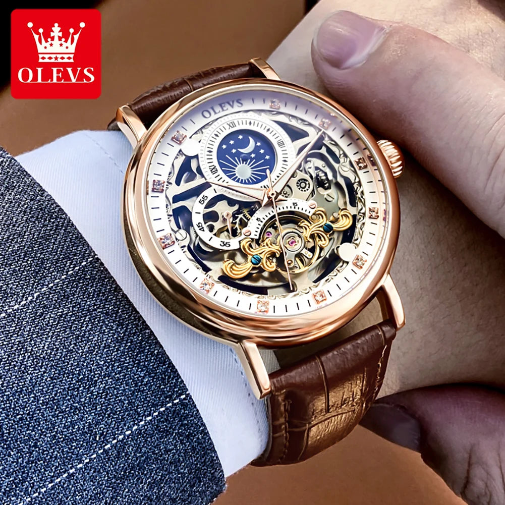 OLEVS Top Brand Luxury Mechanical Watch Men Leather Waterproof Moon Phase Automatic Wristatches Man Clock with Luminous Hands