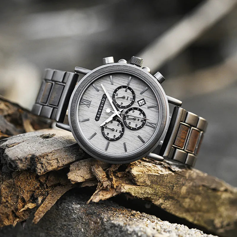 BOBO BIRD Men's Watch 3 Sub Dials Wooden Wrist Watch for Men Casual Quartz Watches Customized Dropshipping