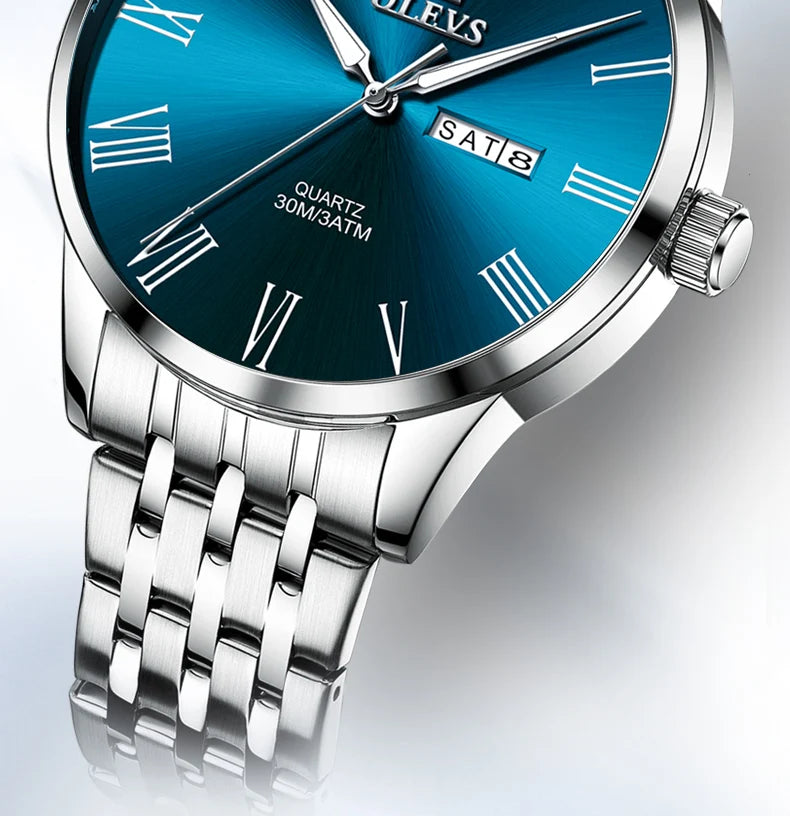 OLEVS 3633 Men's Watch Business Simply Original Quartz Watch for Man Waterproof Luminous Stainless Steel Dual Calendar Display