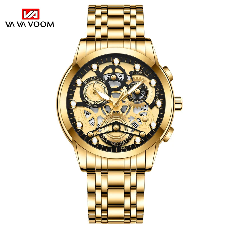 Men's Business Watch Skeleton Design Fashion Mechanical Style Stainless Steel Quartz Movement Calendar Waterproof Men WristWatch