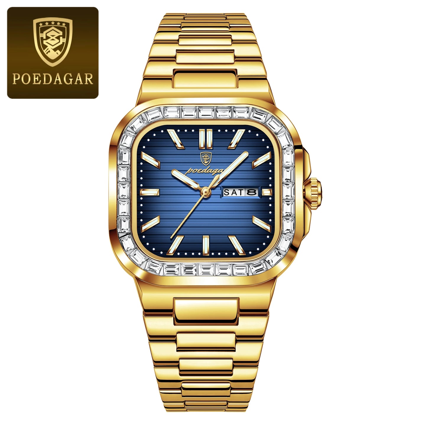 POEDAGAR Top Brand Luxury Watch for Men Waterproof Luminous Date Week Man Wristwatch Stainless Steel Square Quartz Men's Watches
