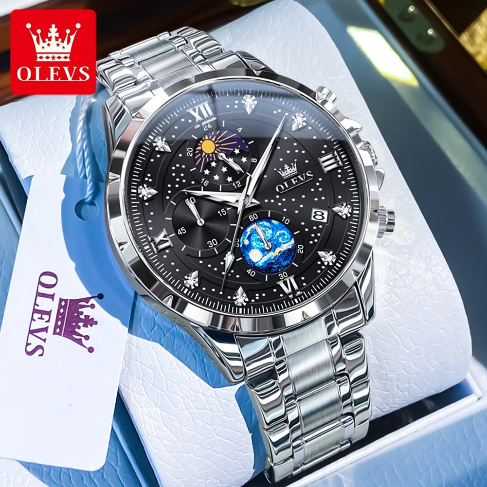 OLEVS 9807 New Man Watch Starry Sky Moon Phase Chronograph Waterproof Luminous Auto Date Hand Clock Luxury Quartz Watch for Men